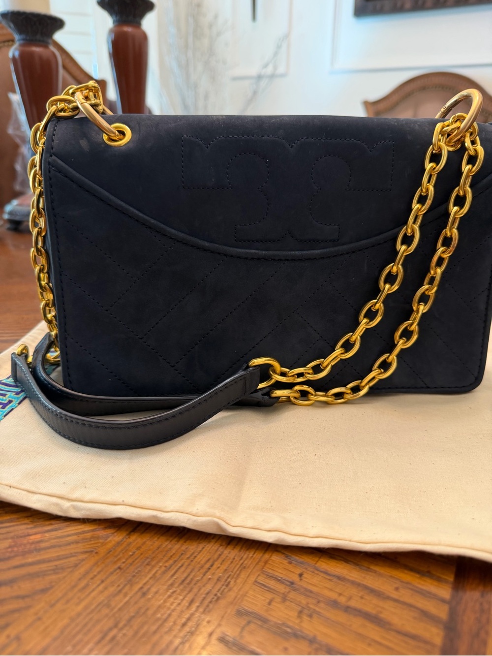 Tory Burch Black Suede Quilted Shoulder Bag with Gold Chain